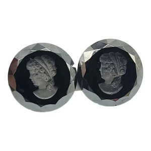 Intaglio Cameo Reverse Carved Black Glass Clip On Earrings Vintage 1.5" x 1.5"